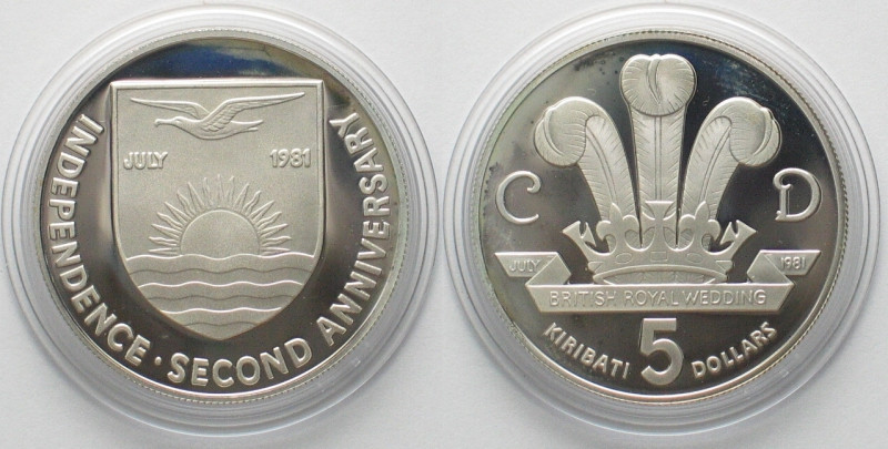 KIRIBATI 5 Dollars 1981 Royal Wedding CHARLES & DIANA silver Proof, KM# 10. Weig...