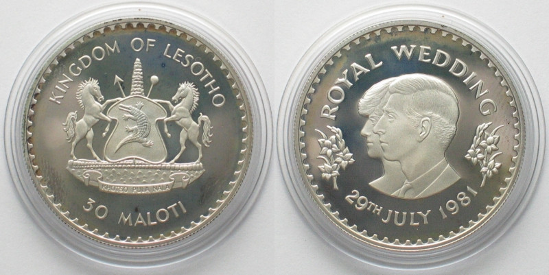 LESOTHO 30 Maloti 1981 Royal Wedding CHARLES & DIANA silver Proof, KM# 30. Weigh...