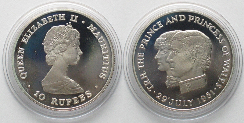 MAURITIUS 10 Rupees 1981 WEDDING of CHARLES & DIANA silver Proof! , KM# 46a. Wei...