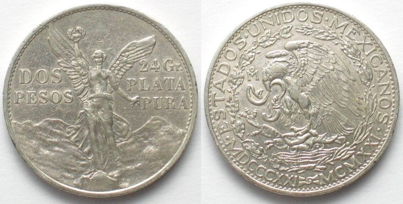 MEXICO. 2 Pesos 1921, INDEPENDENCE CENTENNIAL, silver, AU! , KM# 462. Scarce in ...