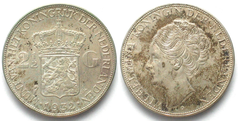 NETHERLANDS. 2-1/2 Gulden 1932 WILHELMINA, deep hair lines, silver RARE! UNC-! ,...