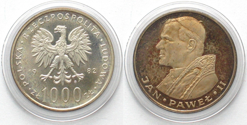 POLAND 1000 Zlotych 1982 POPE JOHN PAUL II silver Proof RARE! , Y# 144, golden t...