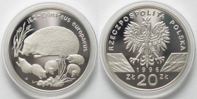 POLAND 20 Zlotych 1996 Hedgehogs WWF silver Proof SCARCE!