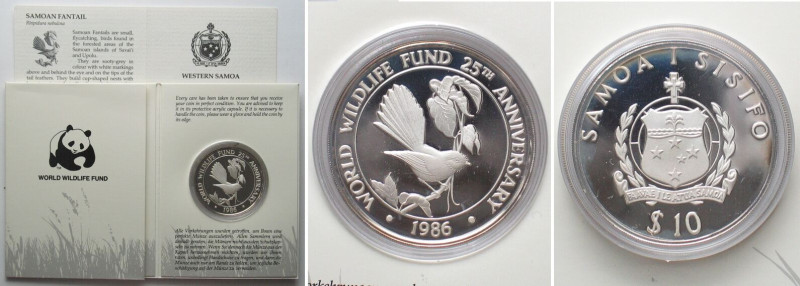 SAMOA 10 Tala 1986 Samoan Fantail bird WWF silver, KM# 49a. Weight: 31.47 g (0.9...