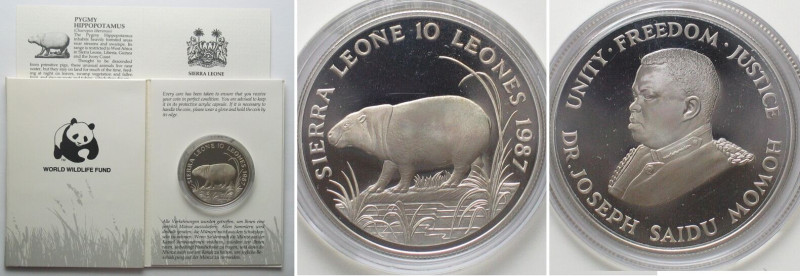 SIERRA LEONE 10 Leones 1987 Pygmy Hippopotamus WWF silver Proof! , KM# 41.
Weig...