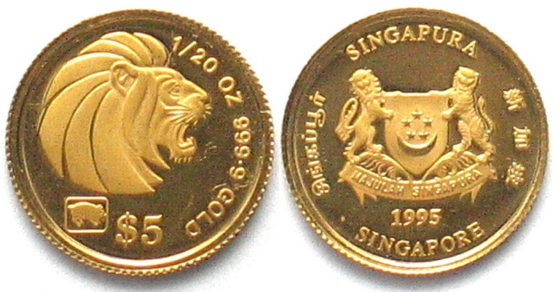 SINGAPORE. 5 Dollars 1995, lunar, YEAR OF THE PIG, gold 1/20 oz, Proof, RARE!!! ...