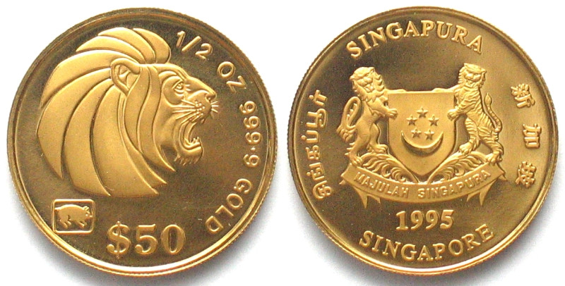 SINGAPORE. 50 Dollars 1995, lunar, YEAR OF THE PIG, gold 1/2 oz, Proof, RARE!!! ...