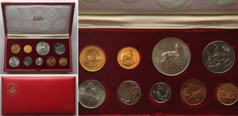 SOUTH AFRICA. 1965 PROOF SET, with 1 & 2 Rand gold, Total gold weight: 11.98 (0....