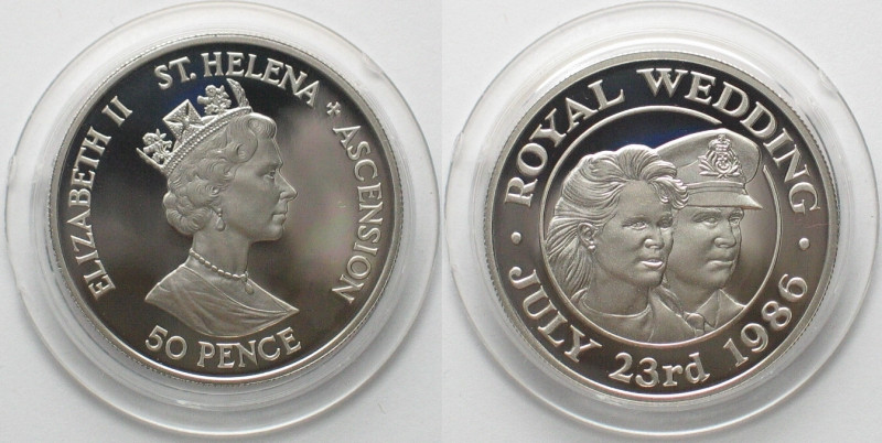 ST. HELENA & ASCENSION 50 Pence 1986 PRINCE ANDREW & SARAH FERGUSON silver Proof...