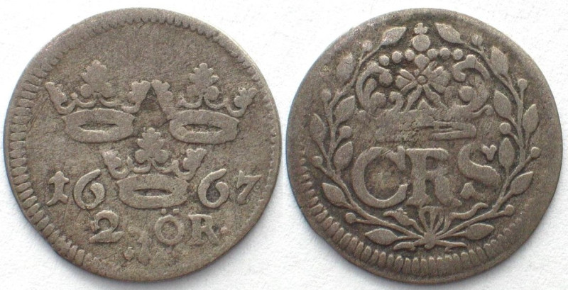 SWEDEN 2 Ore 1667 Stockholm CARL XI silver VF SCARCE! KM 241.1