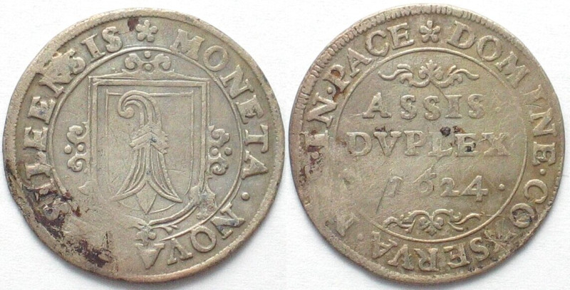 BASEL. Stadt. Doppelassis 1624, Billon, HMZ 2-85d. Variante: engere Jahrzahl / n...