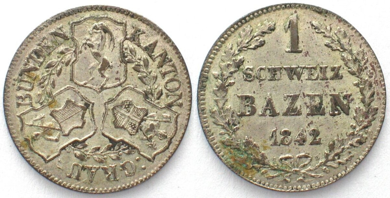 GRAUBÜNDEN. Kanton, Batzen 1842, Billon, Erhaltung! HMZ 2-605f. unz- (UNC-)