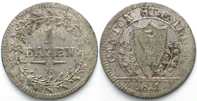 ST. GALLEN. Kanton. Batzen 1811, Billon, Erhaltung! HMZ 2-916f. Felder mit schön...