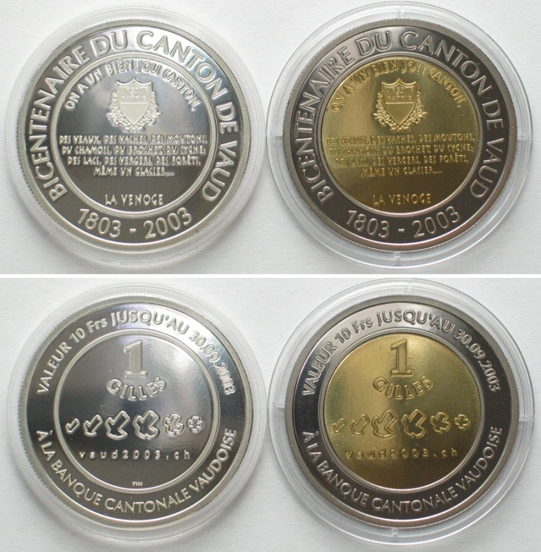 VAUD / WAADT. 1 Gilles (= 10 Swiss Francs) 2003, local coinage, silver & bi-meta...