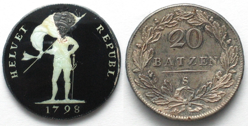 HELVETISCHE REPUBLIK. 20 Batzen 1798 S, ohne Punkt n. Wertzahl, Tulpenrand, Vord...