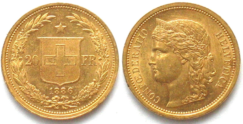 SWITZERLAND. 20 Francs 1886 HELVETIA, gold UNC! HMZ 2-1194b. Gewicht / weight: 6...