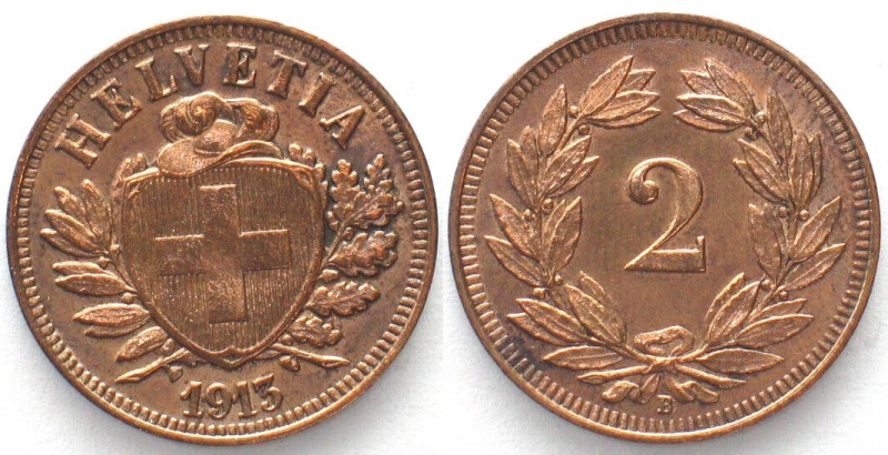 EIDGENOSSENSCHAFT. 2 Rappen 1913, Bronze HMZ 2-1213z, unz (UNC)