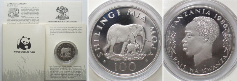 TANZANIA 100 Shilingi 1986 African Elephant WWF silver Proof! , KM 18a. Weight: ...