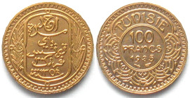 TUNISIA. 100 Francs 1935, Ahmad Pasha Bey, gold, Prooflike early strike, rare!