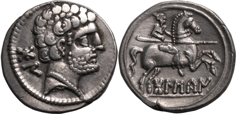 CELTIC. HISPANIA, BOLSCAN-OSCA. 
Silver denarius, 150-100 BC. 
Obv: male head ...