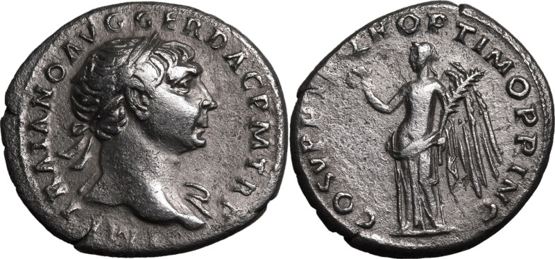 ROMAN EMPIRE. Trajan. 
Silver denarius, AD 107-108. Rome. 
Obv: IMP TRAIANO AV...