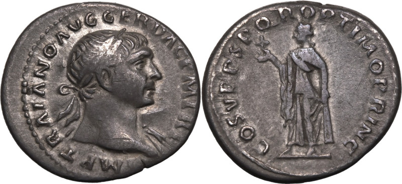 ROMAN EMPIRE. Trajan. 
Silver denarius, AD 107-108. Rome. 
Obv: IMP TRAIANO AV...