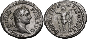Roman Empire Caracalla AD 210 Silver Denarius Very Fine; streaks of iridescence to both sides