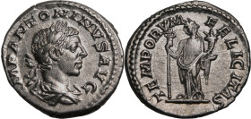 Roman Empire Elagabalus AD 219-220 Silver Denarius Extremely Fine; exhibiting bright metal