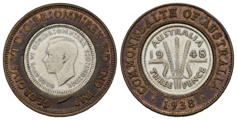 AUSTRALIA. 3 pence 1948 incastonato in 1/2 penny 1938. BB