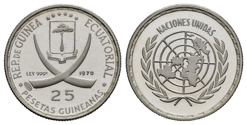 GUINEA EQUATORIALE. 25 Pesetas 1970. ONU. Ag. Segni e impronte nei campi. PROOF