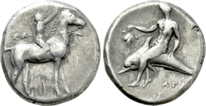 CALABRIA. Tarentum. Nomos (Circa 302-280 BC). 

Obv: Crowning youth on horse s...