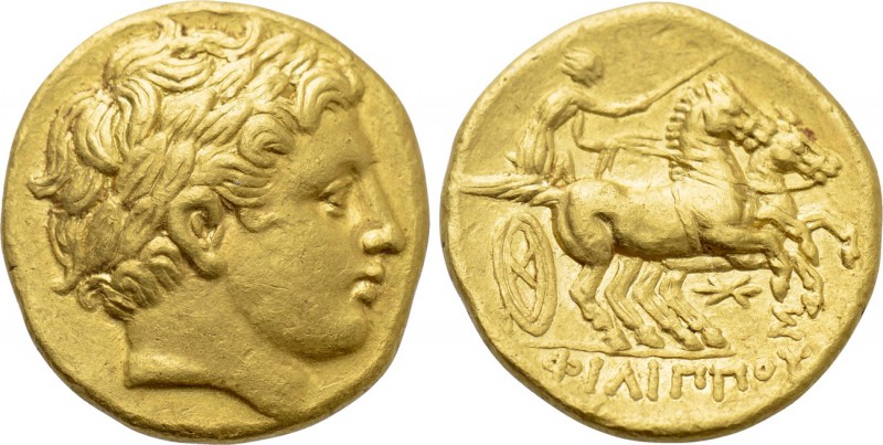KINGS OF MACEDON. Philip II (359-336 BC). GOLD Stater. Pella.

Obv: Laureate h...