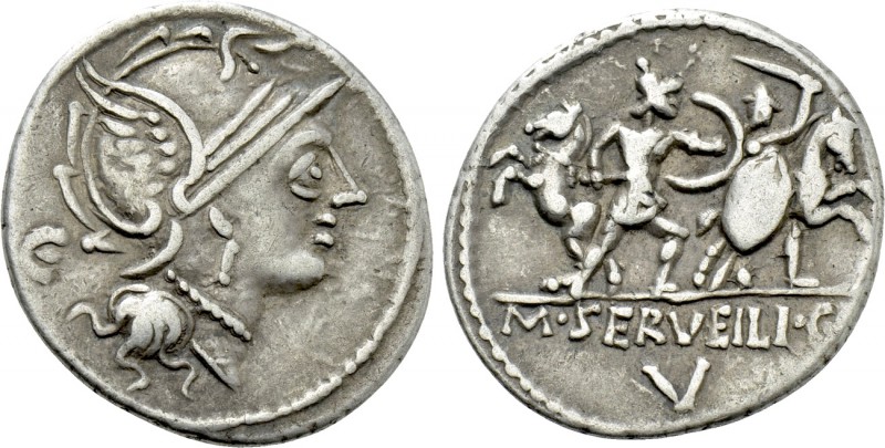 M. SERVILIUS C.F. Denarius (100 BC). Rome. 

Obv: Helmeted head of Roma right;...