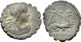 Q. CREPERIUS M.F. ROCUS. Serrate Denarius (69 BC). Rome.