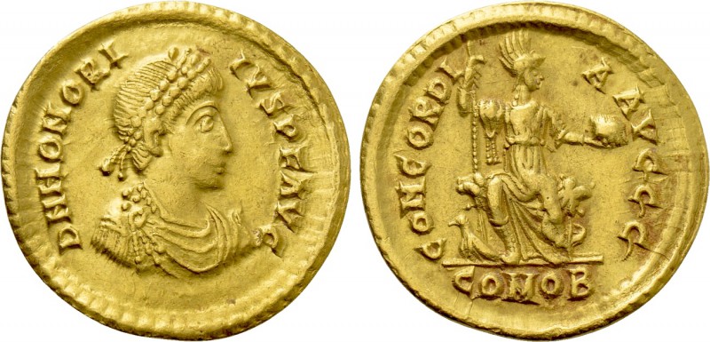 HONORIUS (393-423). GOLD Solidus. Thessalonica. 

Obv: D N HONORIVS P F AVG. ...