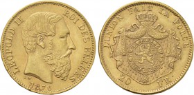 BELGIUM. Léopold II (1865-1909). GOLD 20 Francs (1876). Bruxelles/Brussel (Brussels).