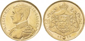 BELGIUM. Albert I (1909-1934). GOLD 20 Francs (1914). Bruxelles/Brussel (Brussels).