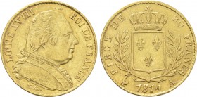 FRANCE. Louis XVIII (1814-1824). GOLD 20 Francs (1814-A). Paris.