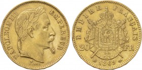 FRANCE. Napoléon III (1852-1870). GOLD 20 Francs (1869-BB). Strasbourg.