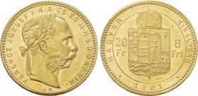 HUNGARY. Franz Joseph I (1848-1916). GOLD 20 Francs or 8 Florin (1881-KB). Körmöcbánya (Kremnica).