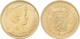 NETHERLANDS. Wilhelmina (1890-1948). GOLD 5 Gulden (1912). Utrecht.