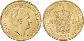 NETHERLANDS. Wilhelmina (1890-1948). GOLD 10 Gulden (1927). Utrecht.