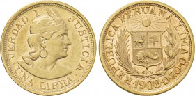 PERU. GOLD Libra (1908 G-OZ-G). Lima.