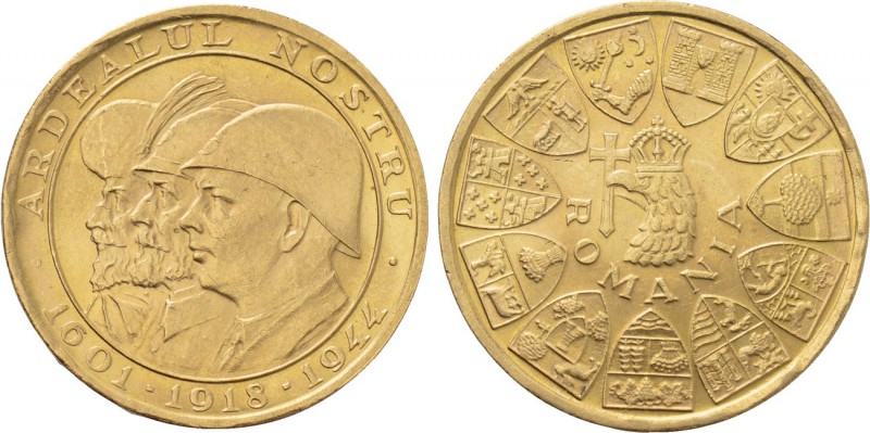 ROMANIA. GOLD Medallic 20 Lei (1944). Commemorating the Liberation of Northern A...