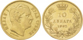 SERBIA. Milan I (1882-1889). GOLD 10 Dinara (1882-V). Wien (Vienna).