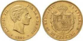 SPAIN. Alfonso XII (1874-1885). GOLD 25 Pesetas (1880 [80] MS-M). Madrid.