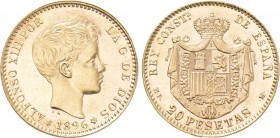 SPAIN. Alfonso XIII (1886-1931). GOLD 20 Pesetas (1896 [62] MP-M). Madrid. Restrike issue, struck 1962.