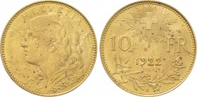 SWITZERLAND. GOLD 10 Francs (1922-B). Bern.