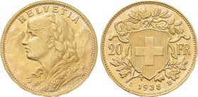 SWITZERLAND. GOLD 20 Francs (1935 L-B). Bern. Restrike issue, struck 1945-1947.