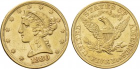 UNITED STATES. GOLD Half Eagle or 5 Dollars (1880). Philadelphia. Coronet type.